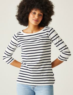 Regatta Womens Bayletta Cotton Blend Striped T-Shirt - 8 - White Mix, White Mix,Multi,Dark Blue Mix