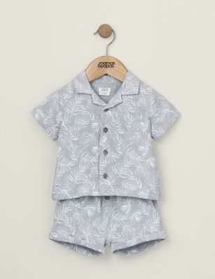 Mamas & Papas Newborn Boys 2pc Pure Cotton Palm Print Outfit (0-3 Yrs) - 0-3 M - Blue, Blue