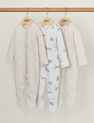Mamas & Papas Newborn Girl's 3pk Pure Cotton Floral & Bunny Sleepsuits (7lbs-24 Mths) - NB - Pink, P