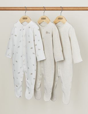 Mamas & Papas 3pk Pure Cotton Animal & Striped Sleepsuits (7lbs-24 Mths) - 12-18 - Brown, Brown