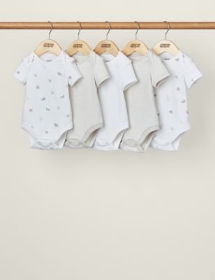 Mamas & Papas 5pk Pure Cotton Animal & Striped Bodysuits (7lbs-24 Mths) - 0-3 M - Brown, Brown