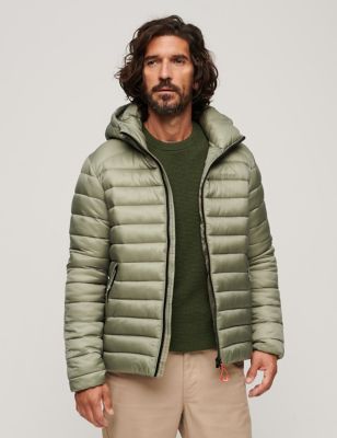 Superdry Mens Quilted Padded Hooded Puffer Jacket - XS - Khaki, Khaki,Navy