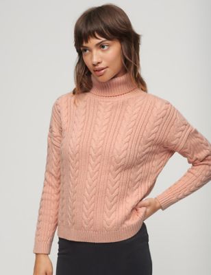 Superdry Womens Pure Cotton Cable Knit Roll Neck Jumper - 16 - Pink, Pink