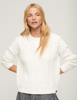 Superdry Womens Pure Cotton Cable Knit Relaxed Jumper - 8 - White, White
