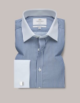 Hawes & Curtis Men's Fitted Slim Non Iron Pure Cotton Striped Shirt - 1535 - White Mix, White Mix