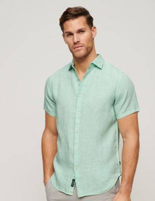 Superdry Men's Slim Fit Pure Linen Shirt - XXL - Green, Green,Light Blue