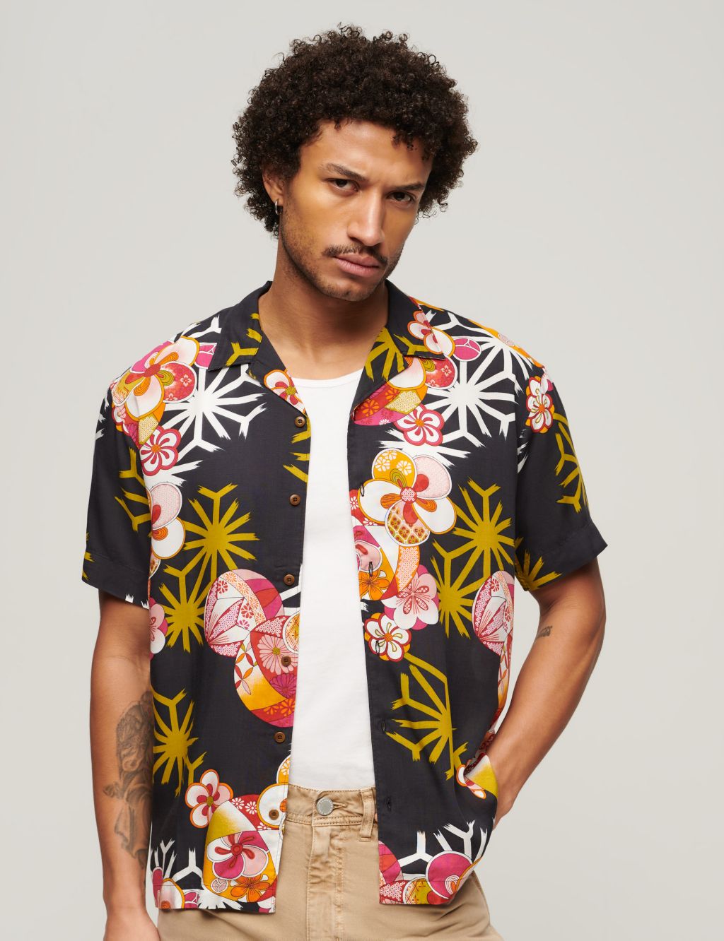 Cotton Blend Cuban Collar Hawaiian Shirt