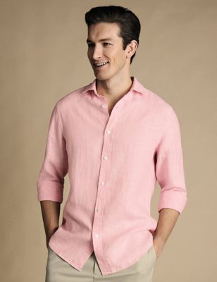 Charles Tyrwhitt Mens Slim Fit Pure Linen Shirt - Pink, Pink,Light Green