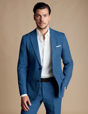 Charles Tyrwhitt Mens Regular Fit Pure Linen Suit Jacket - 48REG - Royal Blue, Royal Blue