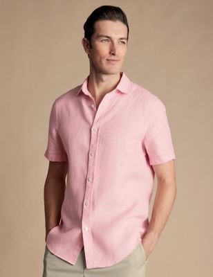 Charles Tyrwhitt Mens Slim Fit Pure Linen Shirt - Pink, Pink,Olive