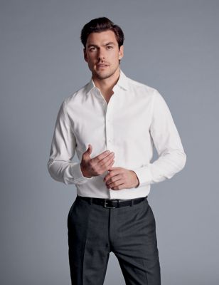 Charles Tyrwhitt Men's Slim Fit Non Iron Cotton Linen Blend Shirt - 1634 - White, White,Cobalt