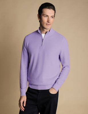 Charles Tyrwhitt Mens Pure Cotton Textured Half Zip Jumper - Lilac, Lilac,Coral,Sage,Taupe
