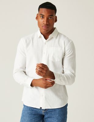 Regatta Mens Babbinswood Cotton Linen Blend Shirt - White, White,Blue