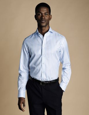 Charles Tyrwhitt Mens Slim Fit Non Iron Pure Cotton Twill Stripe Shirt - 1634 - Blue, Blue