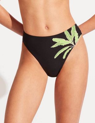 Palm Paradise Leaf Print High Waisted Bikini Bottoms