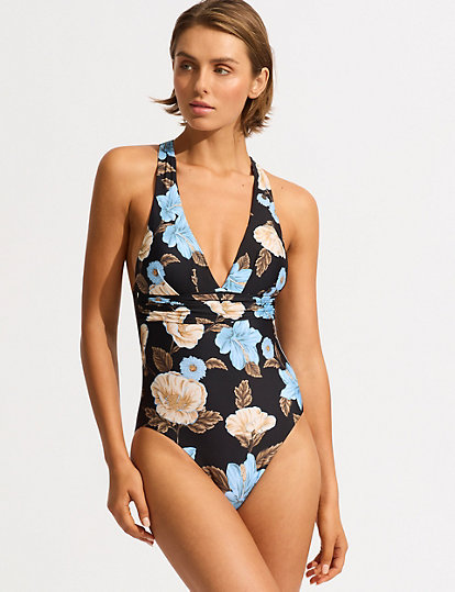seafolly floral padded v-neck swimsuit - 8 - black mix, black mix