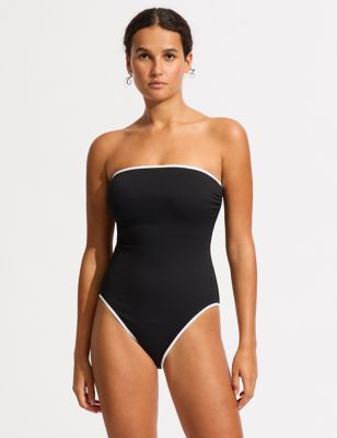 Seafolly Womens Beachbound Textured Padded Bandeau Swimsuit - 16 - Black Mix, Black Mix