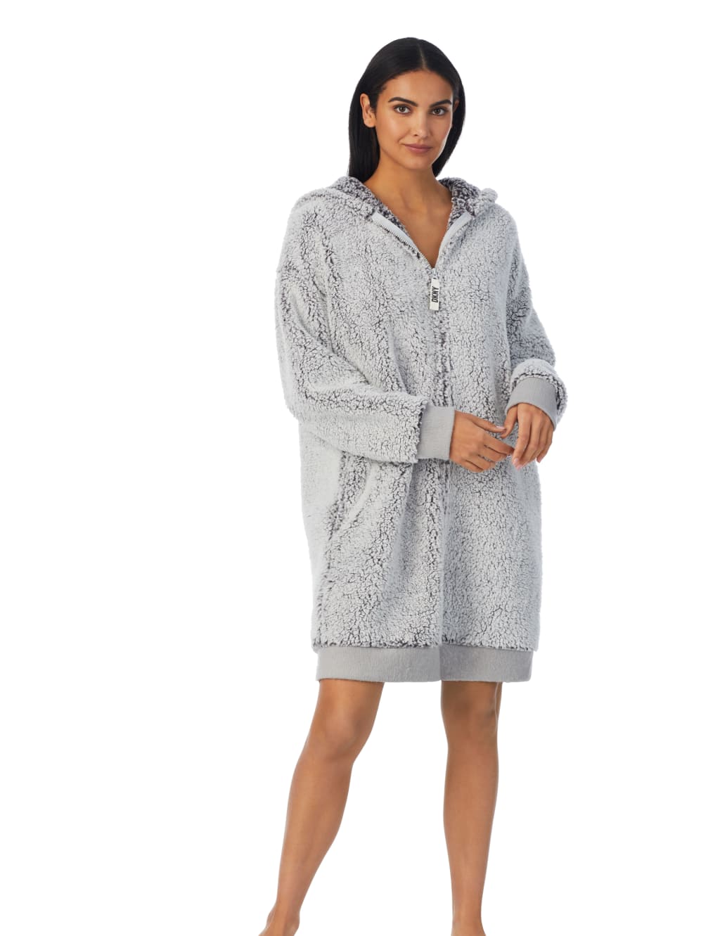 Fleece Long Sleeve Hooded Zip Up Short Robe image 1