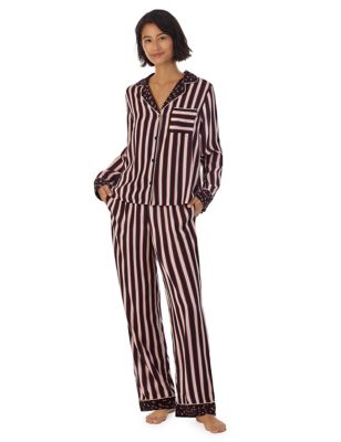 Dkny Womens Satin Heart Print Revere Collar Pyjama Set - Black Stripe, Black Stripe,Pink Mix