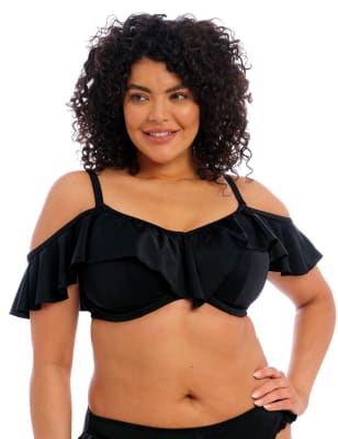 Elomi Womens Plain Sailing Wired Ruffle Bikini Top - 36E - Black, Black