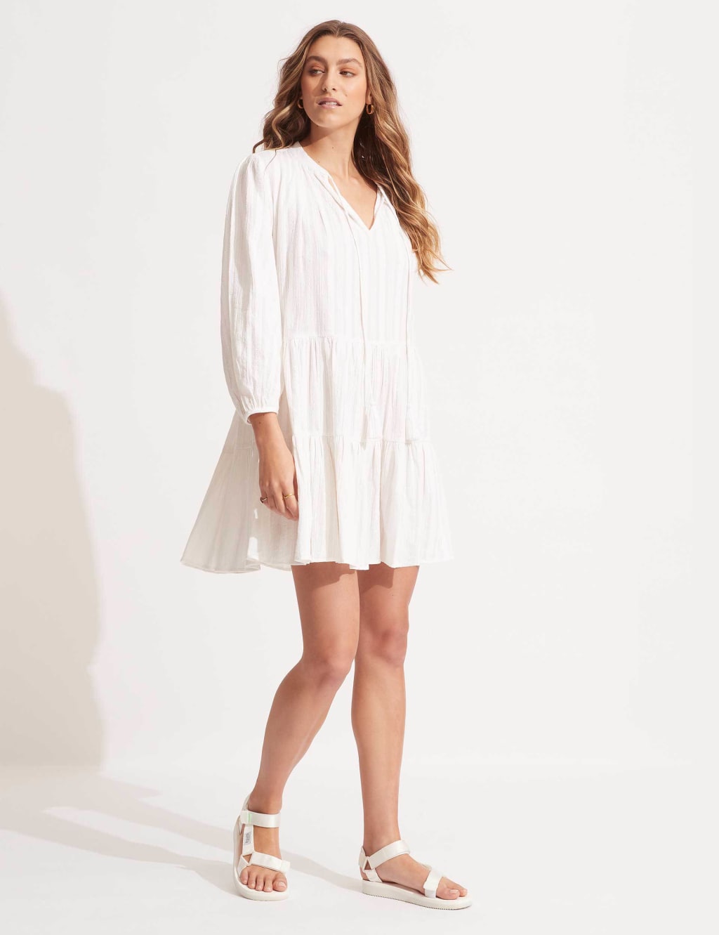 Pure Cotton Textured V-Neck Mini Dress image 2