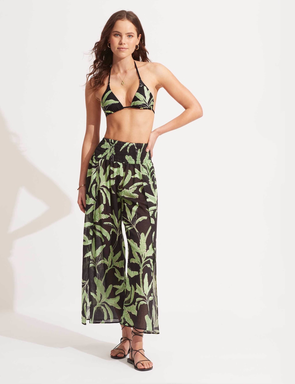 Palm Paradise Pure Cotton Leaf Print Wide Leg Trousers image 1
