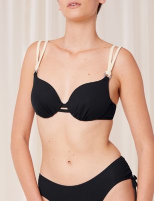 Triumph Womens Textured Wired Padded Plunge Bikini Top - 34D - Black, Black