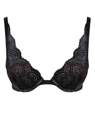 Wonderbra Spirit geometric lace padded plunge bra in black