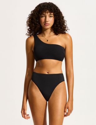 Seafolly Womens Sea Dive Textured One Shoulder Bikini Top - 14 - Black, Black