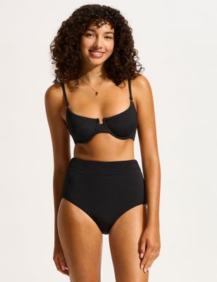 Seafolly Womens Sea Dive Textured High Waisted Bikini Bottoms - 10 - Black, Black