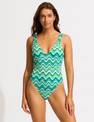 Seafolly Womens Neue Wave Padded Ring Detail V-Neck Swimsuit - 10 - Green Mix, Green Mix