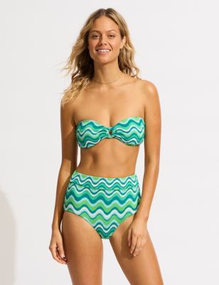 Seafolly Women's Neue Wave Textured High Waisted Bikini Bottoms - 8 - Green Mix, Green Mix