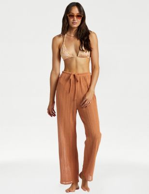 Billabong Women's Largo Cotton Blend Textured Beach Trousers - Brown, Brown