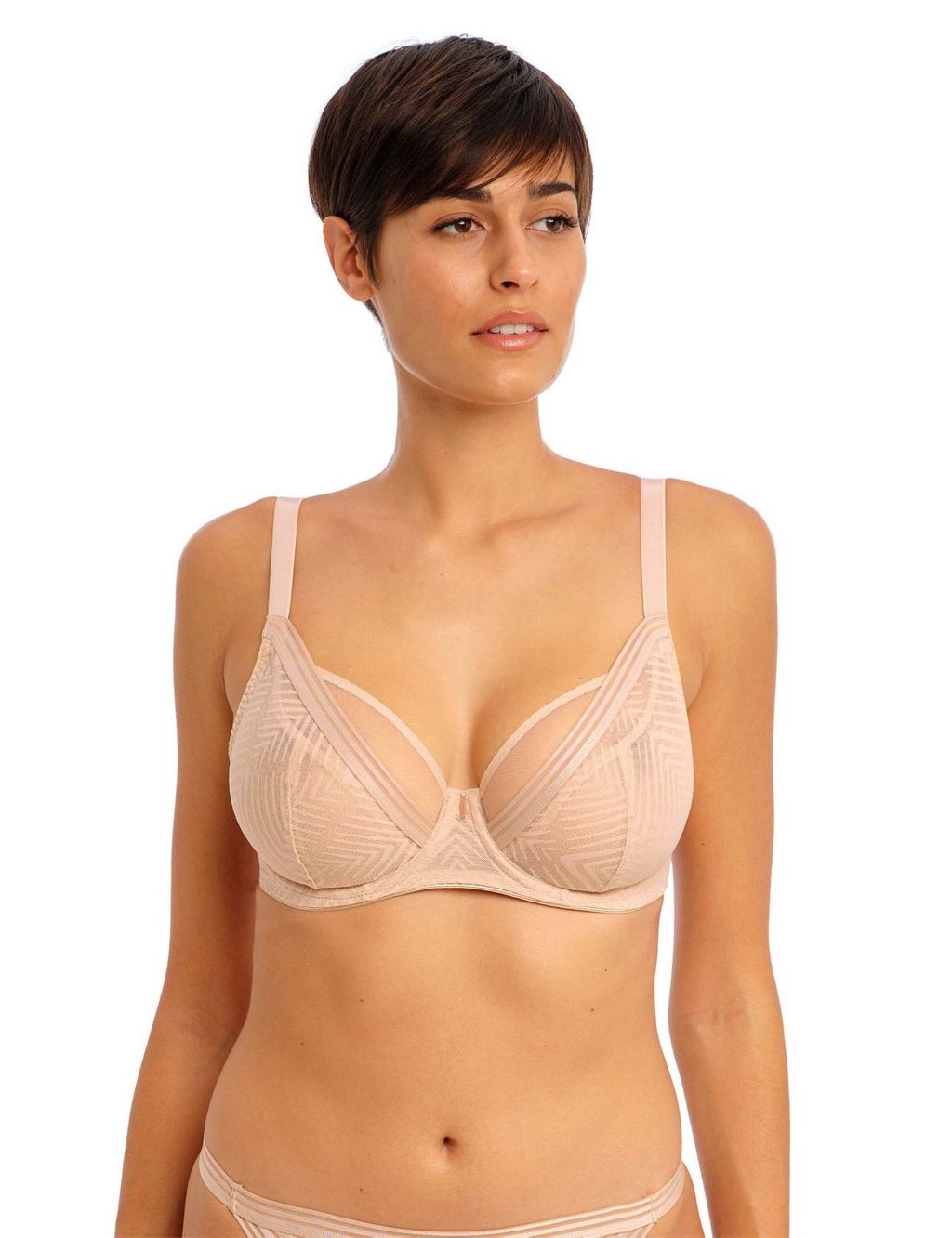 Tailored Geometric Mesh Lace Wired Plunge Bra D-H image 1