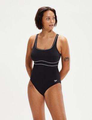 Speedo Womens Contour Eclipse Square Neck Swimsuit - 10 - Black/White, Black/White
