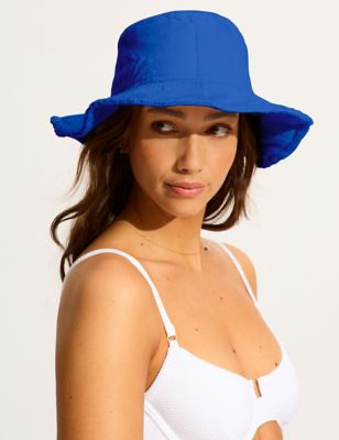 Seafolly Women's Pure Cotton Ahoy Ahoy Textured Bucket Hat - Blue, Blue