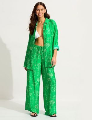Seafolly Womens Atlantis Silk Blend Printed Beach Trousers - XS - Green Mix, Green Mix