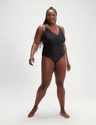 Speedo Womens V-Neck Swimsuit - 24 - Black, Black,Teal