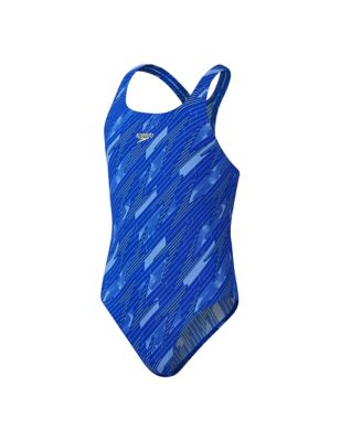 Speedo Girl's Halterneck Swimsuit (5-16 Yrs) - 5-6 Y - Blue Mix, Blue Mix,Pink Mix