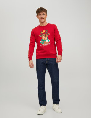 

Mens JACK & JONES Cotton Rich Reindeer Graphic Sweatshirt - Red Mix, Red Mix