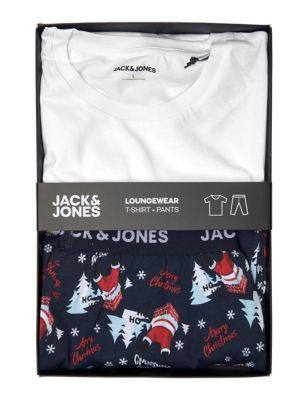 Jack & Jones Mens Pure Cotton Christmas Pyjama Set - White Mix, White Mix