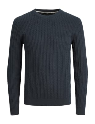 

Mens JACK & JONES Cotton Blend Cable Crew Neck Jumper - Grey, Grey