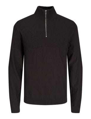 

Mens JACK & JONES Cotton Blend Textured Half Zip Jumper - Brown Mix, Brown Mix