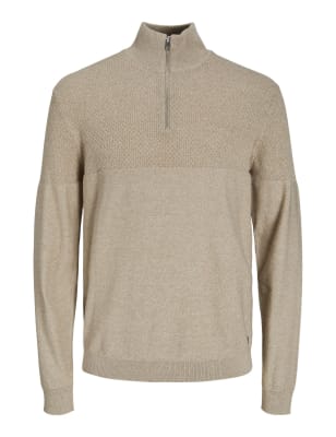

Mens JACK & JONES Pullover aus Baumwollmischung mit halbem Reißverschluss und Strukturmuster - Stone, Stone