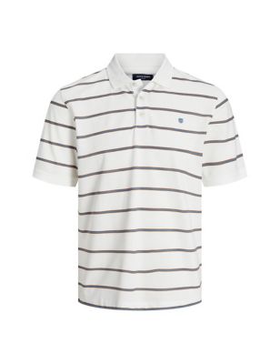 Jack & Jones Mens Cotton Blend Striped Polo Shirt - M - White Mix, White Mix,Blue Mix