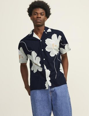 Jack & Jones Men's Cotton Blend Floral Shirt - M - Navy Mix, Navy Mix,White Mix