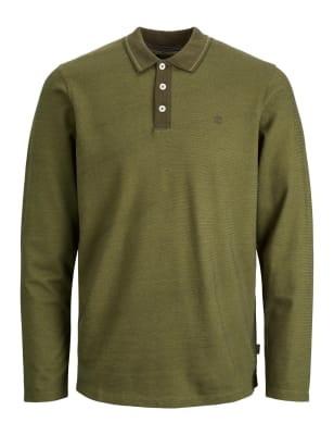 

Mens JACK & JONES Cotton Blend Tipped Collar Long Sleeve Polo - Green, Green