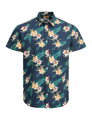 

Mens JACK & JONES Slim Fit Pure Cotton Floral Oxford Shirt - Navy, Navy