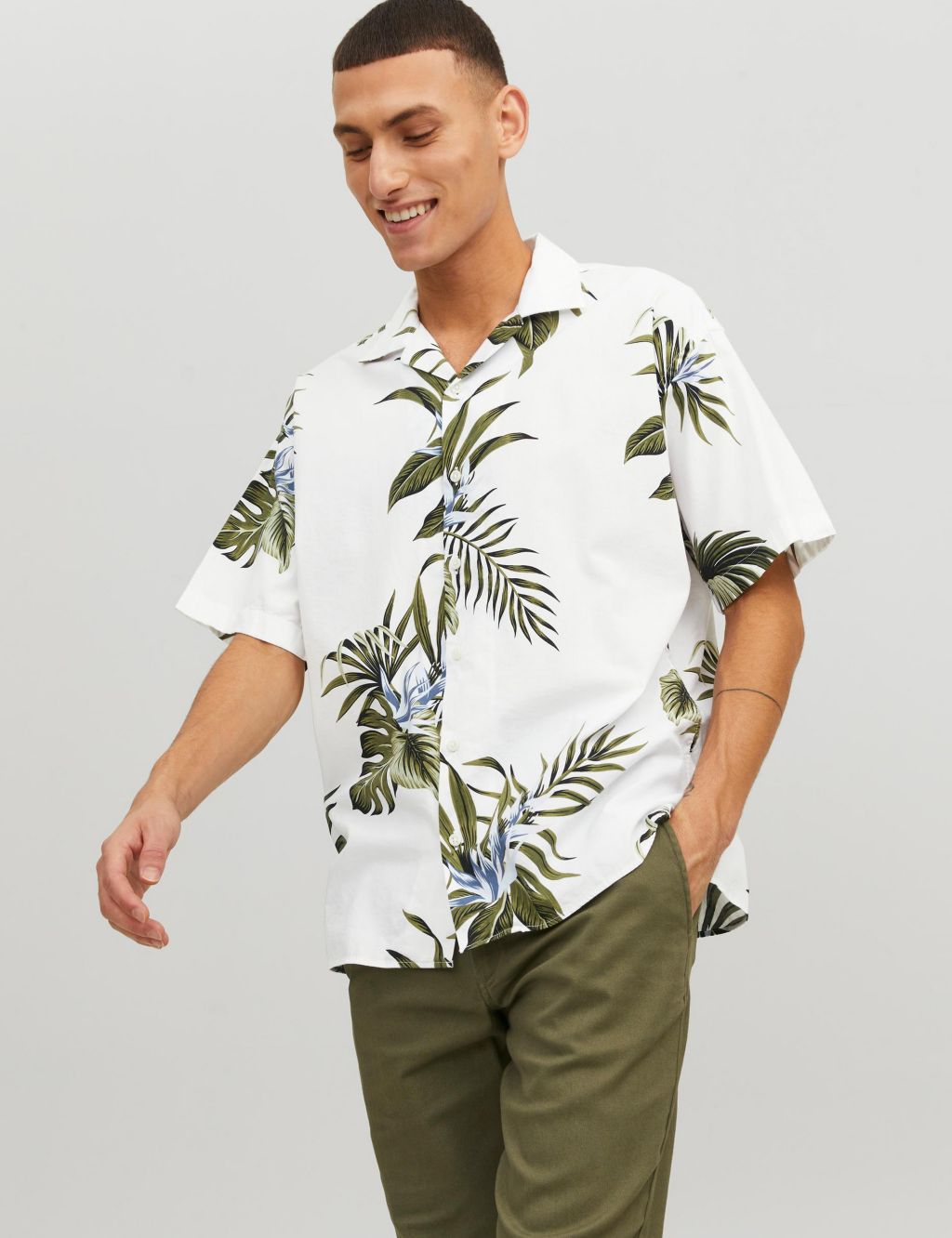 Cotton Rich Leaf Print Cuban Collar Shirt image 1