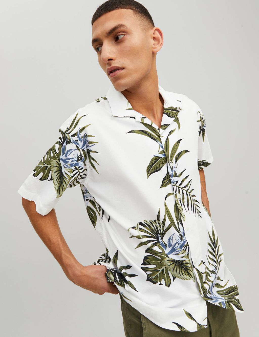 Cotton Rich Leaf Print Cuban Collar Shirt image 3